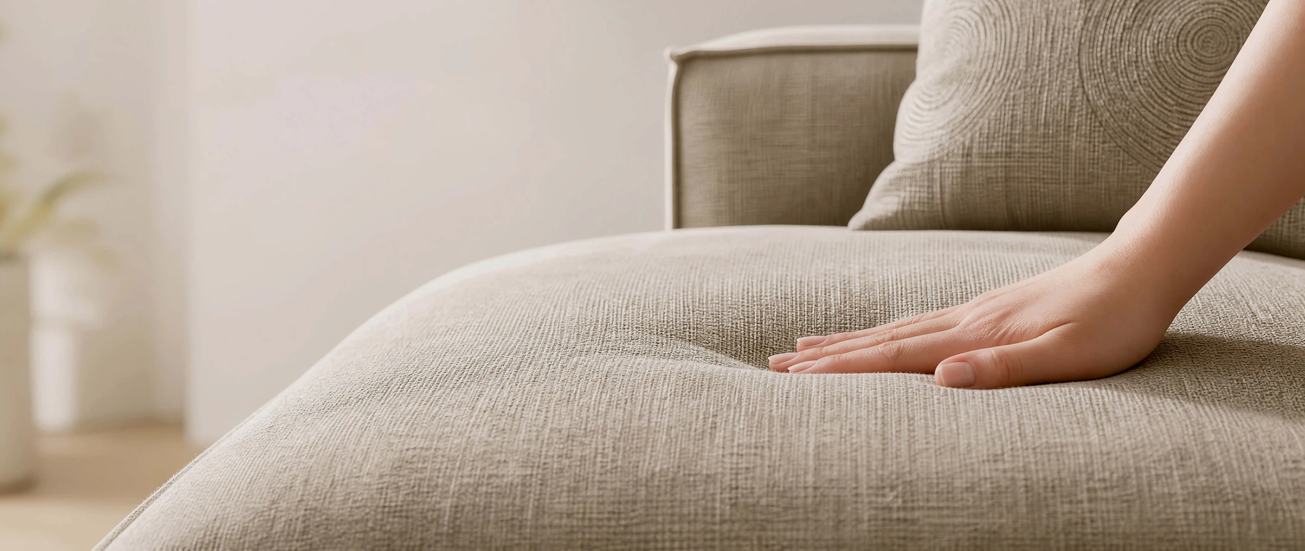 A hand pressing into the textured upholstery of a pale sofa