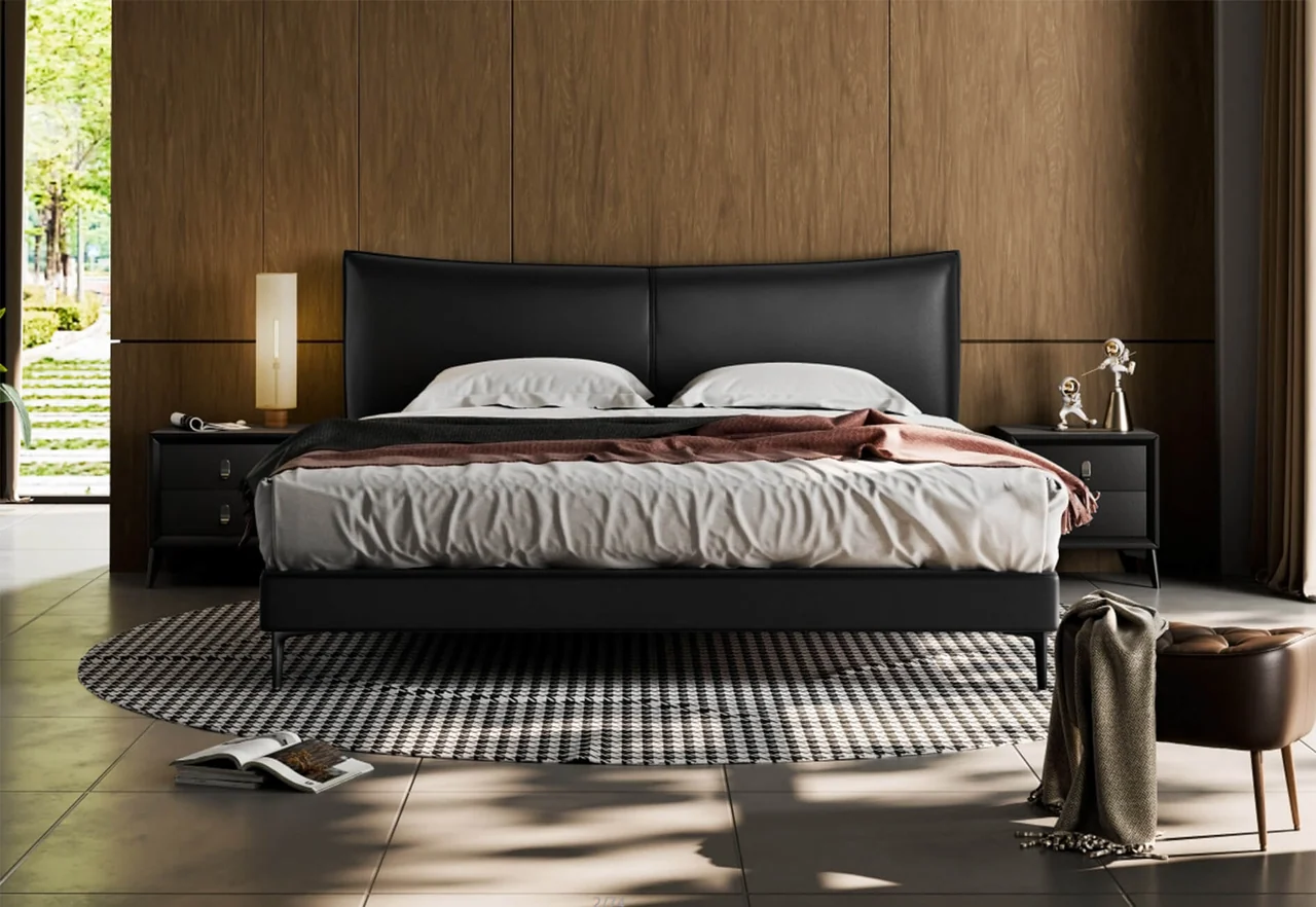 A dark bed against walnut wall panels in strong morning light