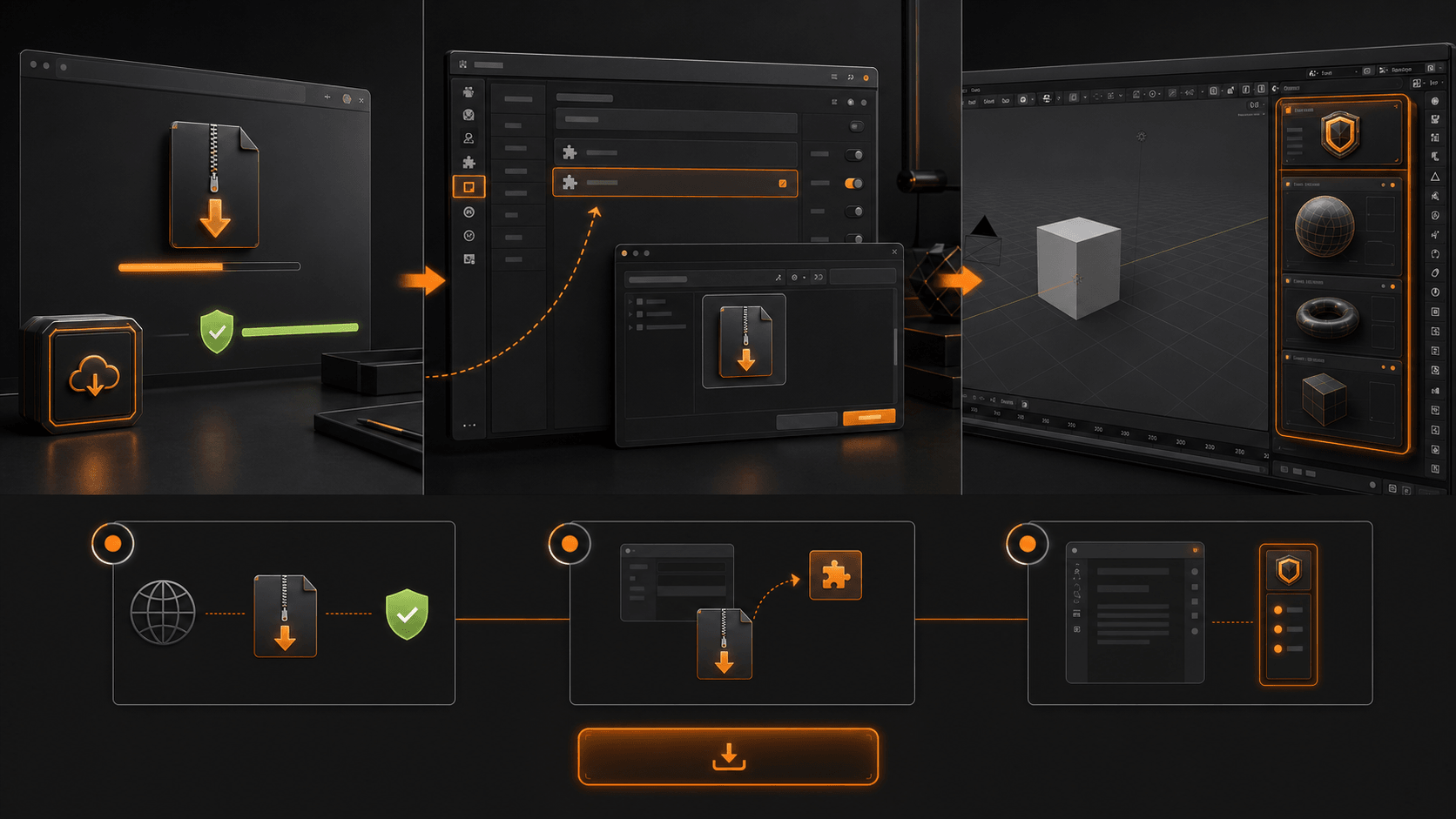A three-step EasyCore installation flow from verified download to Blender sidebar.