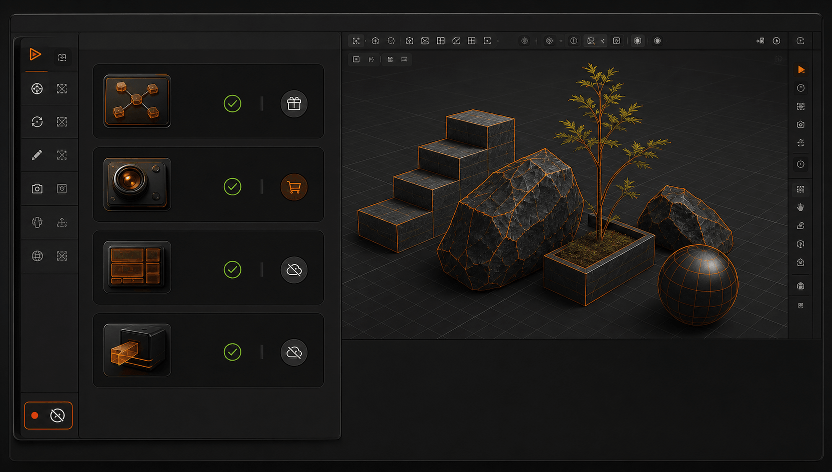 A family of precise black and orange modular creative tools arranged around a shared EasyCore dock.